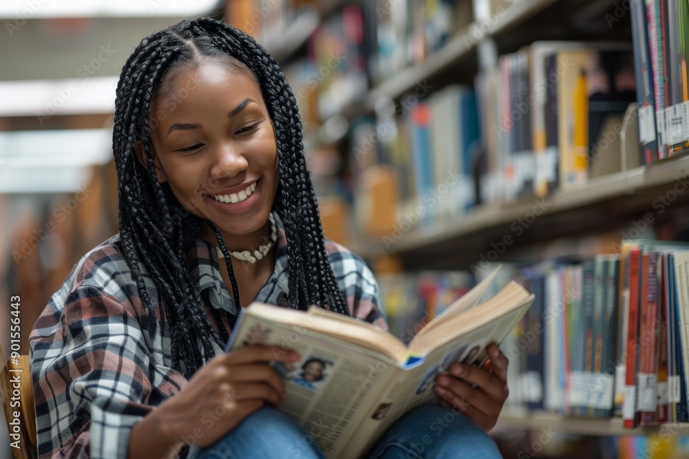 Black woman reading for knowledge, education, and relaxation. Nigerian woman, girl, and student read, shop, and study to smile and relax.
